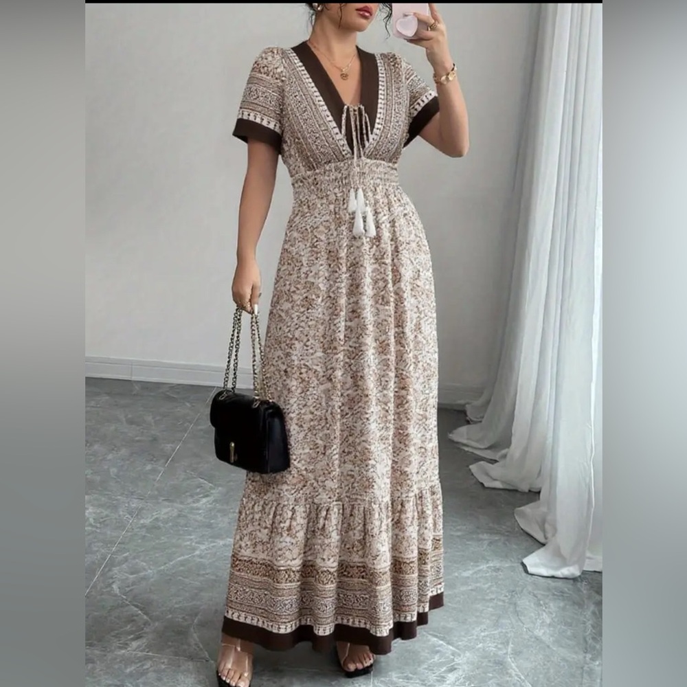 Brown V Neck floral Maxi Dress